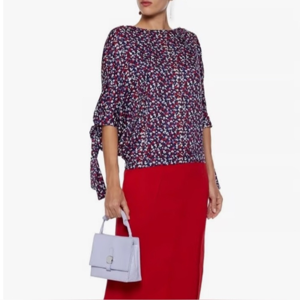 DEREK LAM Navy Blue Poppy Print Silk Jacquard Blouse - Size 4 - Picture 2 of 8